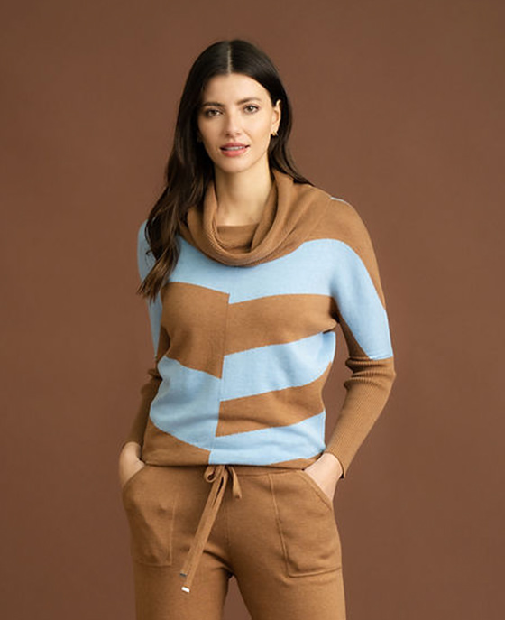 <strong>Marble</strong><br>Roll neck colour block jumper<br>£79